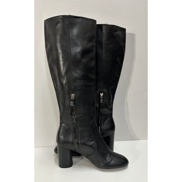Zara Women size 41 US 10 black leather knee high block heeled boots - Picture 4 of 11